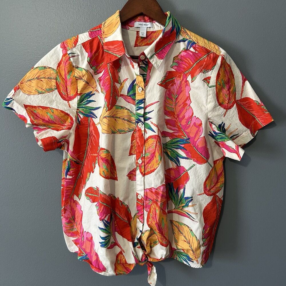 Nine West Top Size XXL Tropical Resort Beachy Button Up Short Sleeve Orange